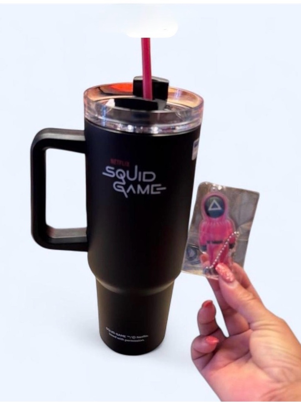 Squid Game Black Insulated Travel Mug with Handle and Straw